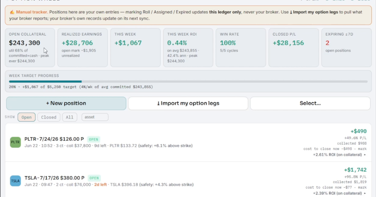 Wheel Ninja — open collateral, realized earnings, weekly ROI, win rate and open positions